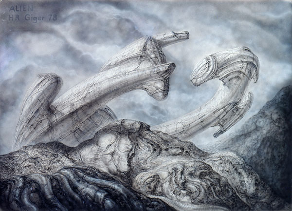 1978 H.G. Giger drawing of a cuvy, organic-looking ship