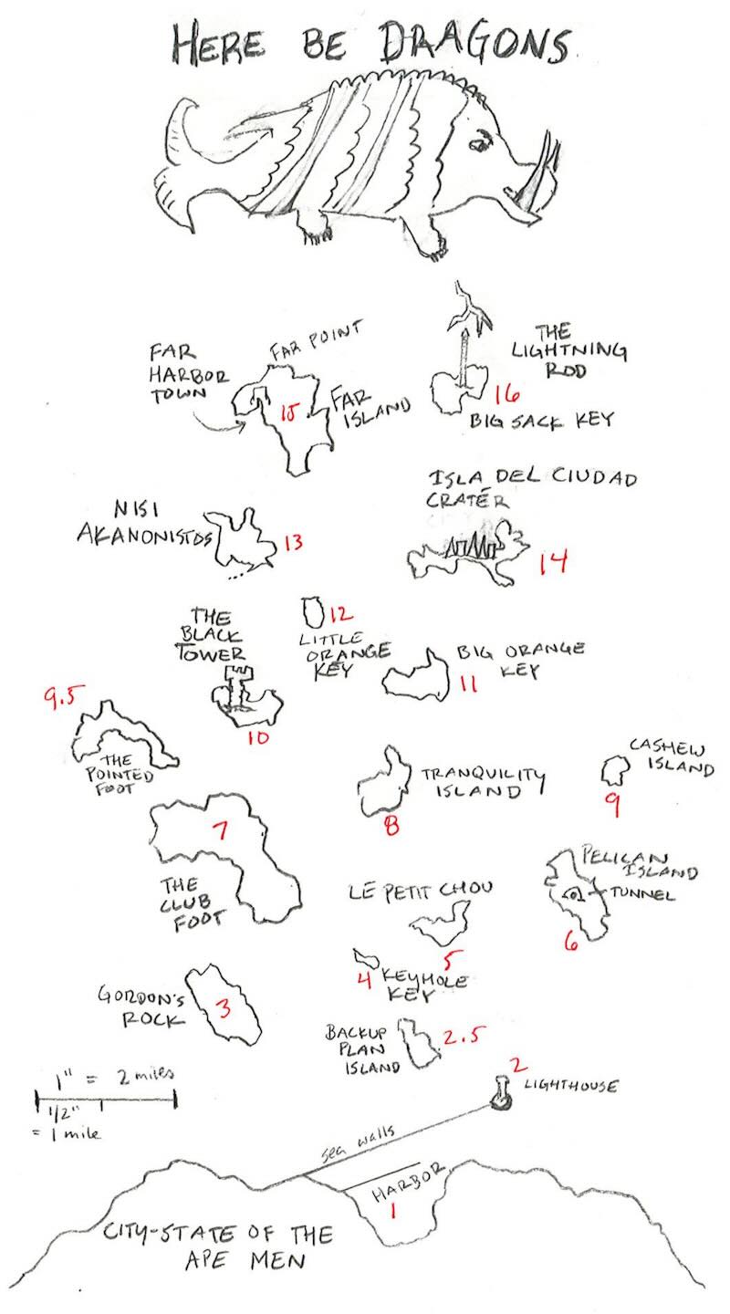 This black and white map shows sixteen small islands north of the coast where the City State of the Ape Men is located.